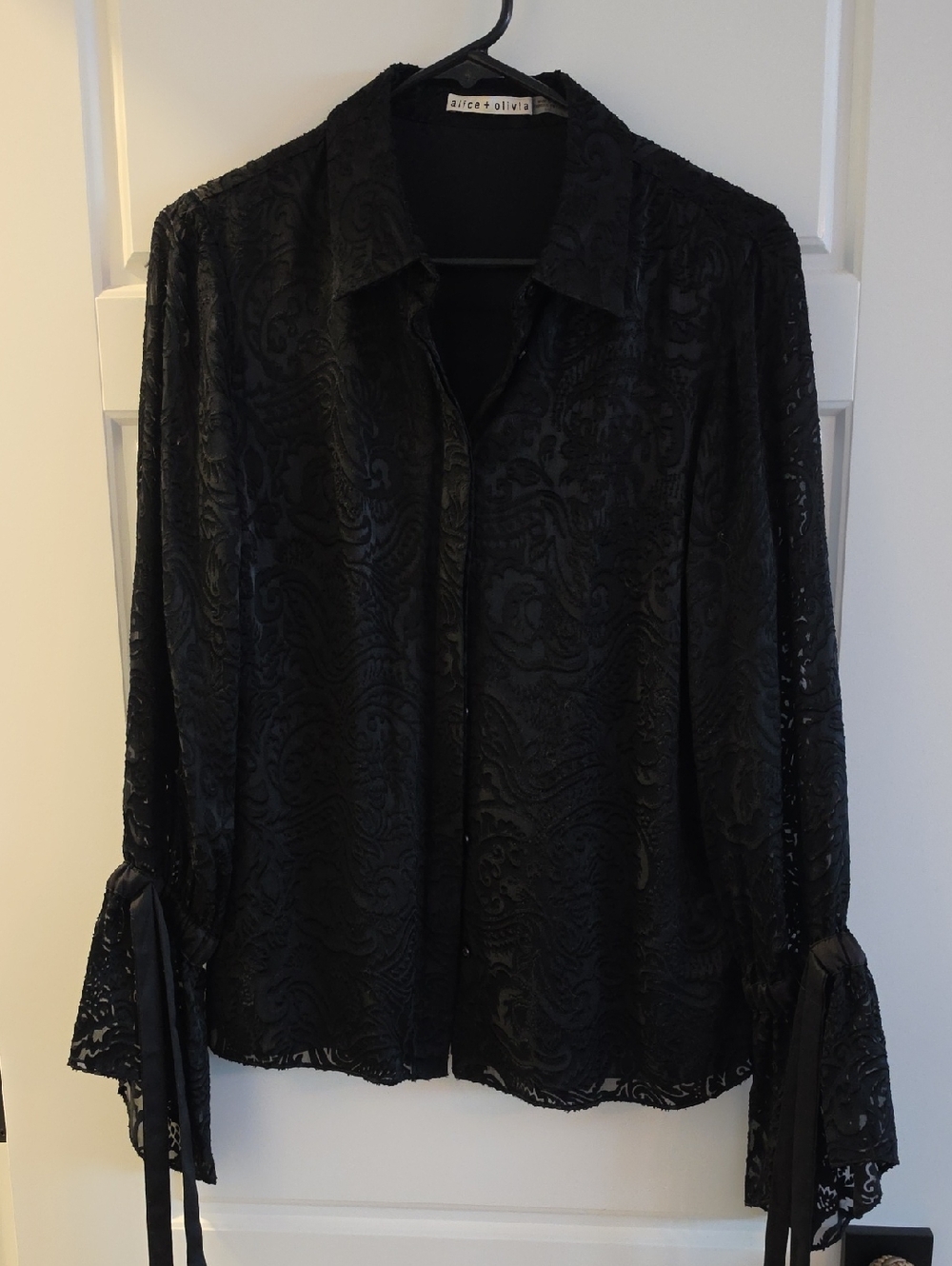 Alice + Olivia Black Lace Button-Down Shirt with Tie Cuffs